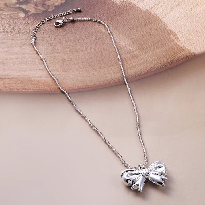 Silver Bow Necklace with Beaded Chain Necklace