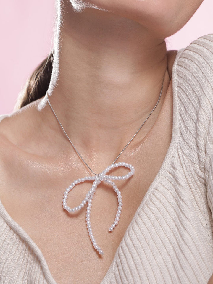 Silver Chain with Pearl Bow Pendant Necklace