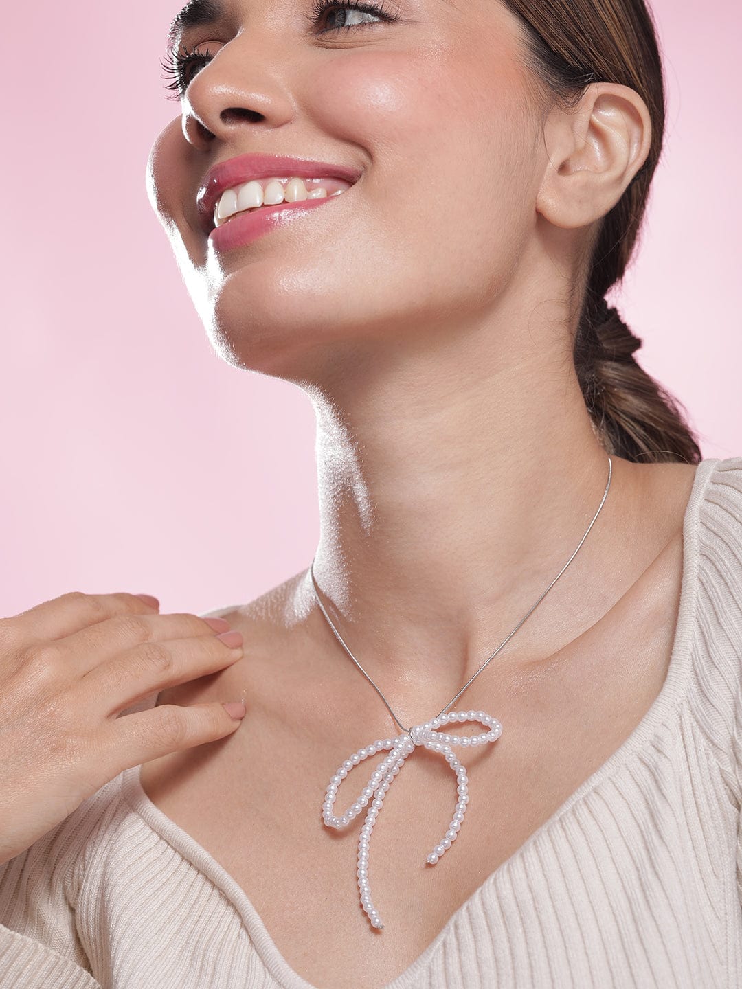 Silver Chain with Pearl Bow Pendant Necklace