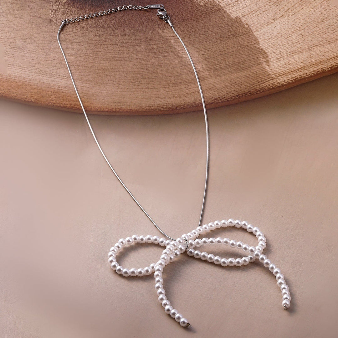 Silver Chain with Pearl Bow Pendant Necklace