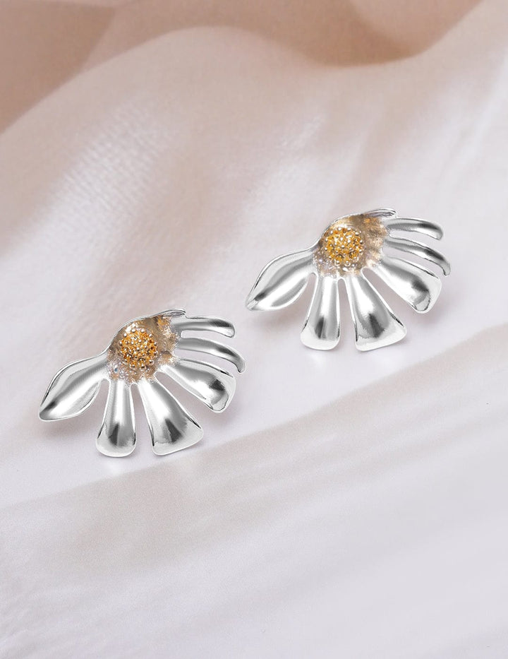 Silver-Plated Floral Design Statement Stud Earrings with Gold-Toned Center Stud Earrings