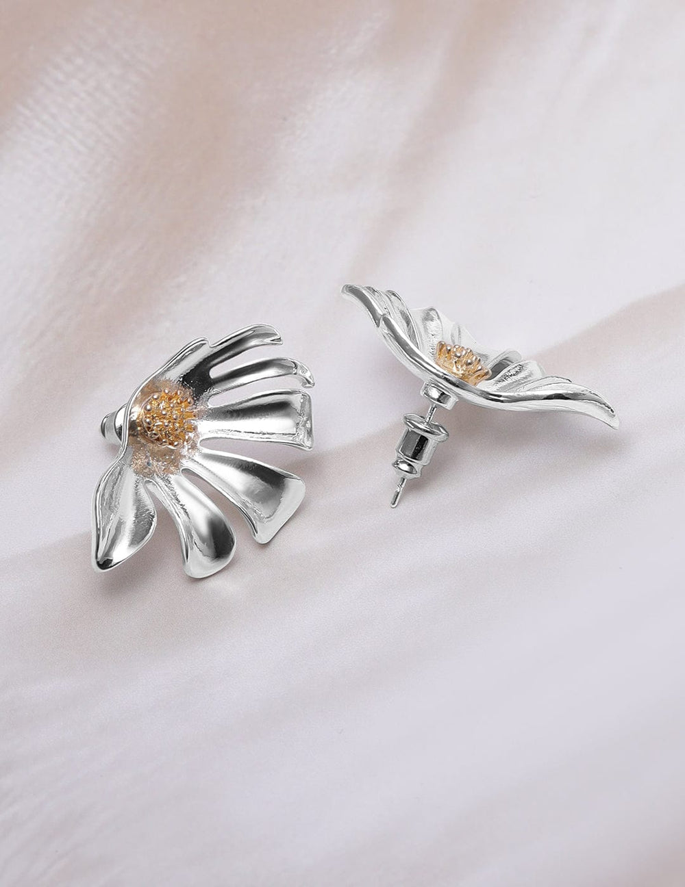 Silver-Plated Floral Design Statement Stud Earrings with Gold-Toned Center Stud Earrings