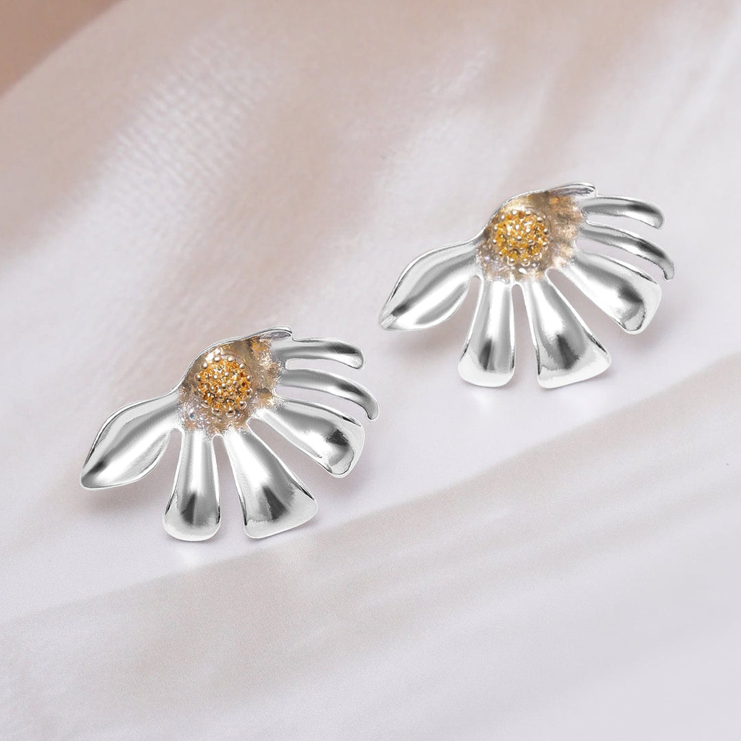 Silver-Plated Floral Design Statement Stud Earrings with Gold-Toned Center Stud Earrings