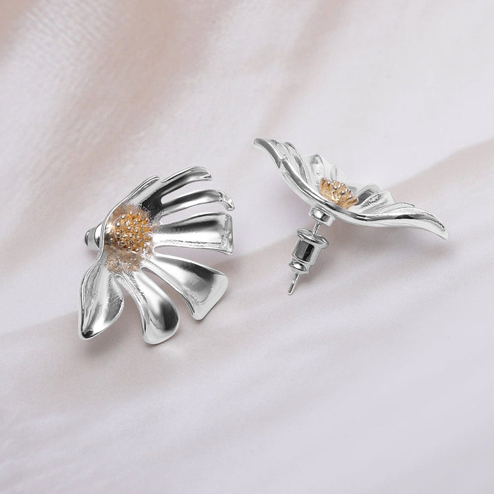 Silver-Plated Floral Design Statement Stud Earrings with Gold-Toned Center Stud Earrings