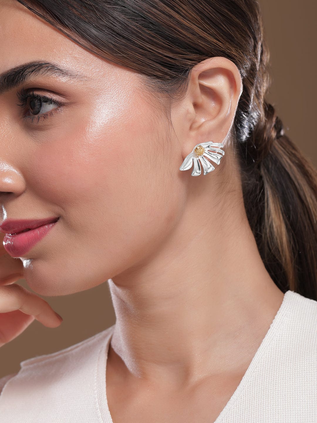 Silver-Plated Floral Design Statement Stud Earrings with Gold-Toned Center Stud Earrings