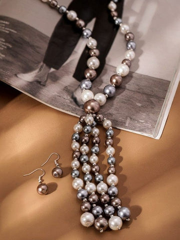 Silver-Plated Multi-Color Beaded Long Multi-Layer Statement Necklace Set Jewellery Set