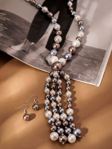 Silver-Plated Multi-Color Beaded Long Multi-Layer Statement Necklace Set Jewellery Set