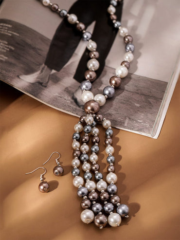 Silver-Plated Multi-Color Beaded Long Multi-Layer Statement Necklace Set Jewellery Set