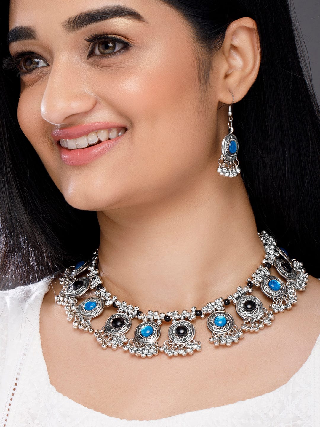 Silver-Plated Oxidised Black Thread Necklace Set with Blue and Black Stone Accents Necklace Set