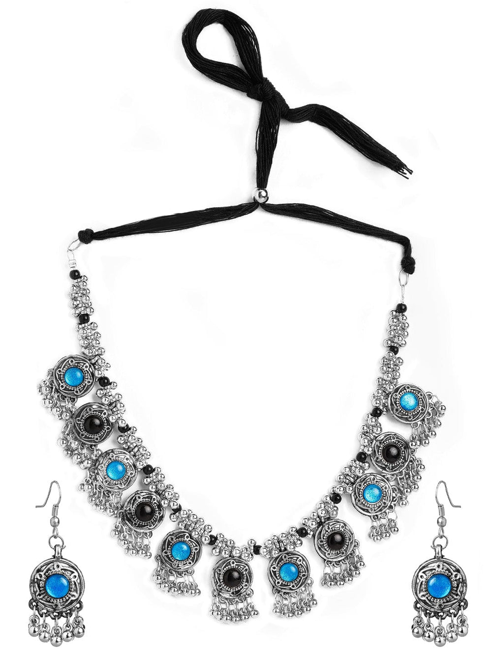 Silver-Plated Oxidised Black Thread Necklace Set with Blue and Black Stone Accents Necklace Set