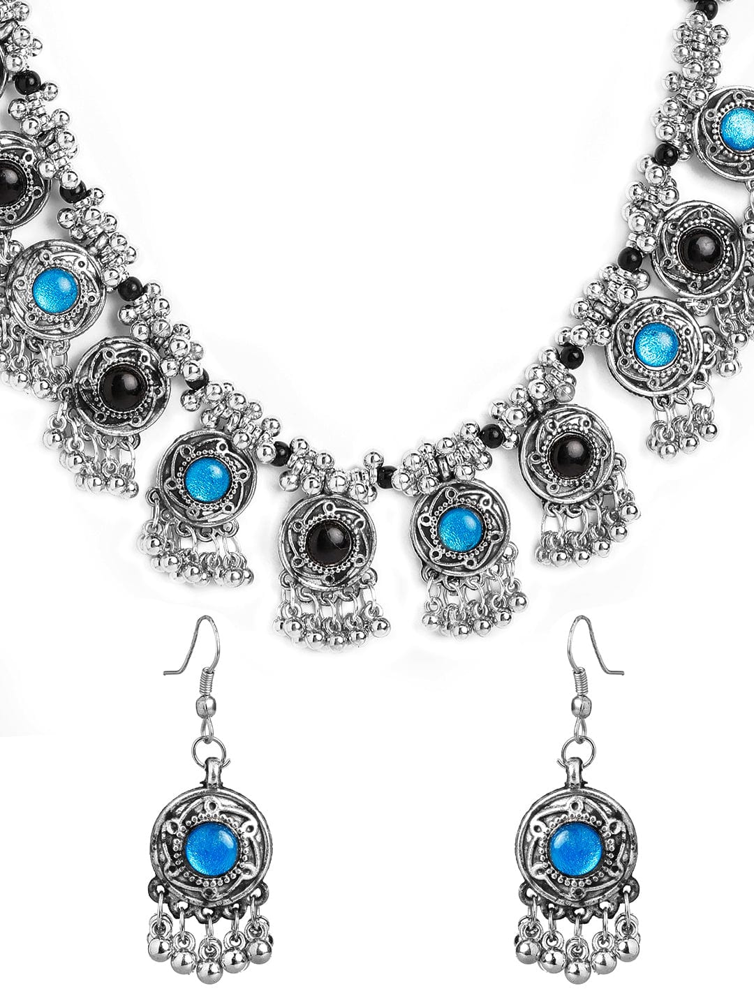 Silver-Plated Oxidised Black Thread Necklace Set with Blue and Black Stone Accents Necklace Set