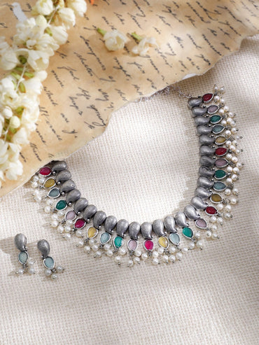 Silver-Plated Oxidised Stone Studded  Beaded Necklace Set Necklace Set