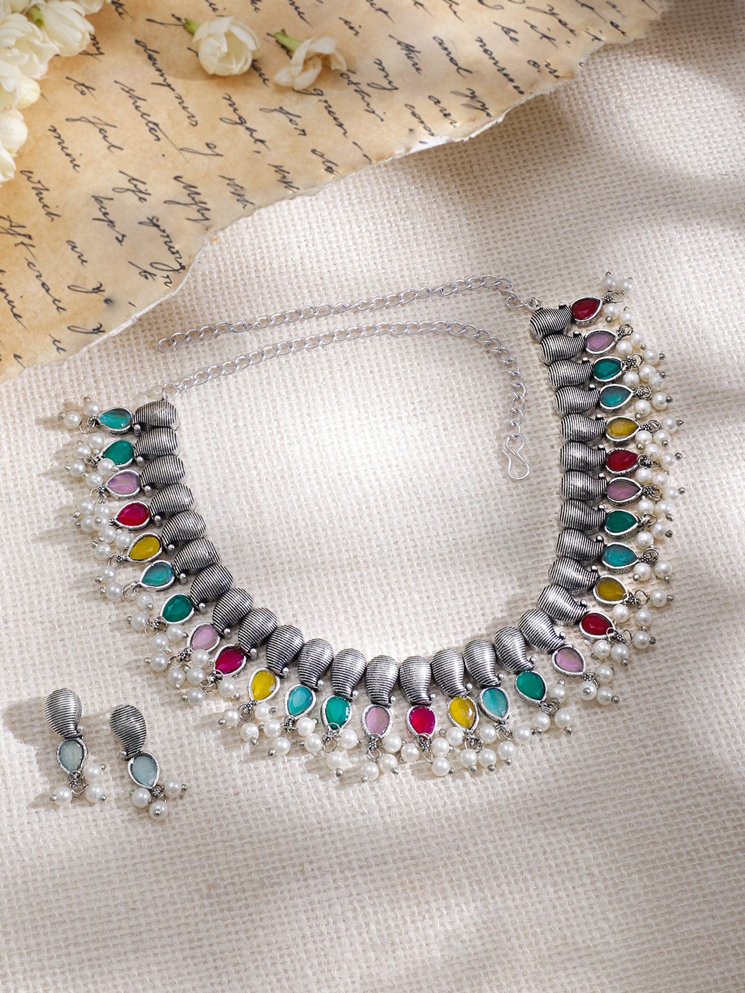 Silver-Plated Oxidised Stone Studded  Beaded Necklace Set Necklace Set