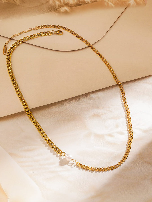 Simple Curb Necklace with Pearl Charm Necklace & Chains