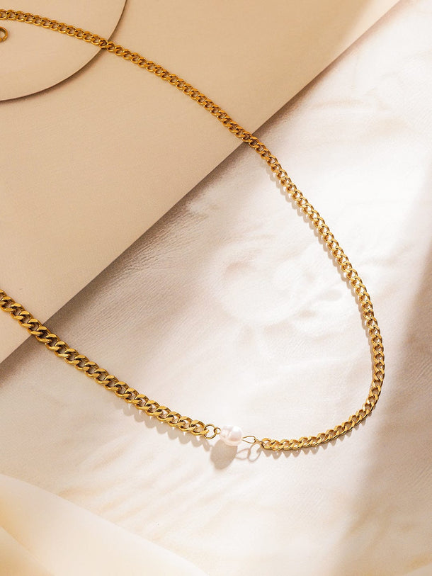 Simple Curb Necklace with Pearl Charm Necklace & Chains