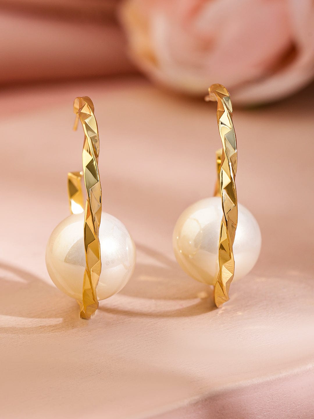 Sleek Golden Twist Pearl Hoops Earrings