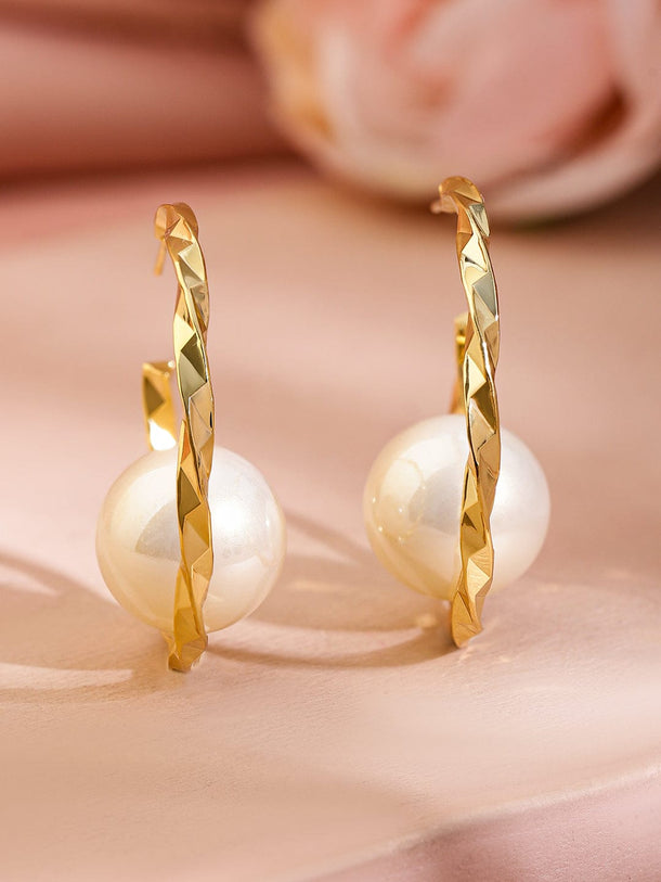 Sleek Golden Twist Pearl Hoops Earrings