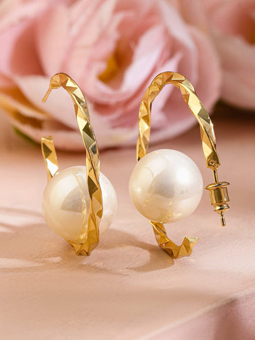 Sleek Golden Twist Pearl Hoops Earrings