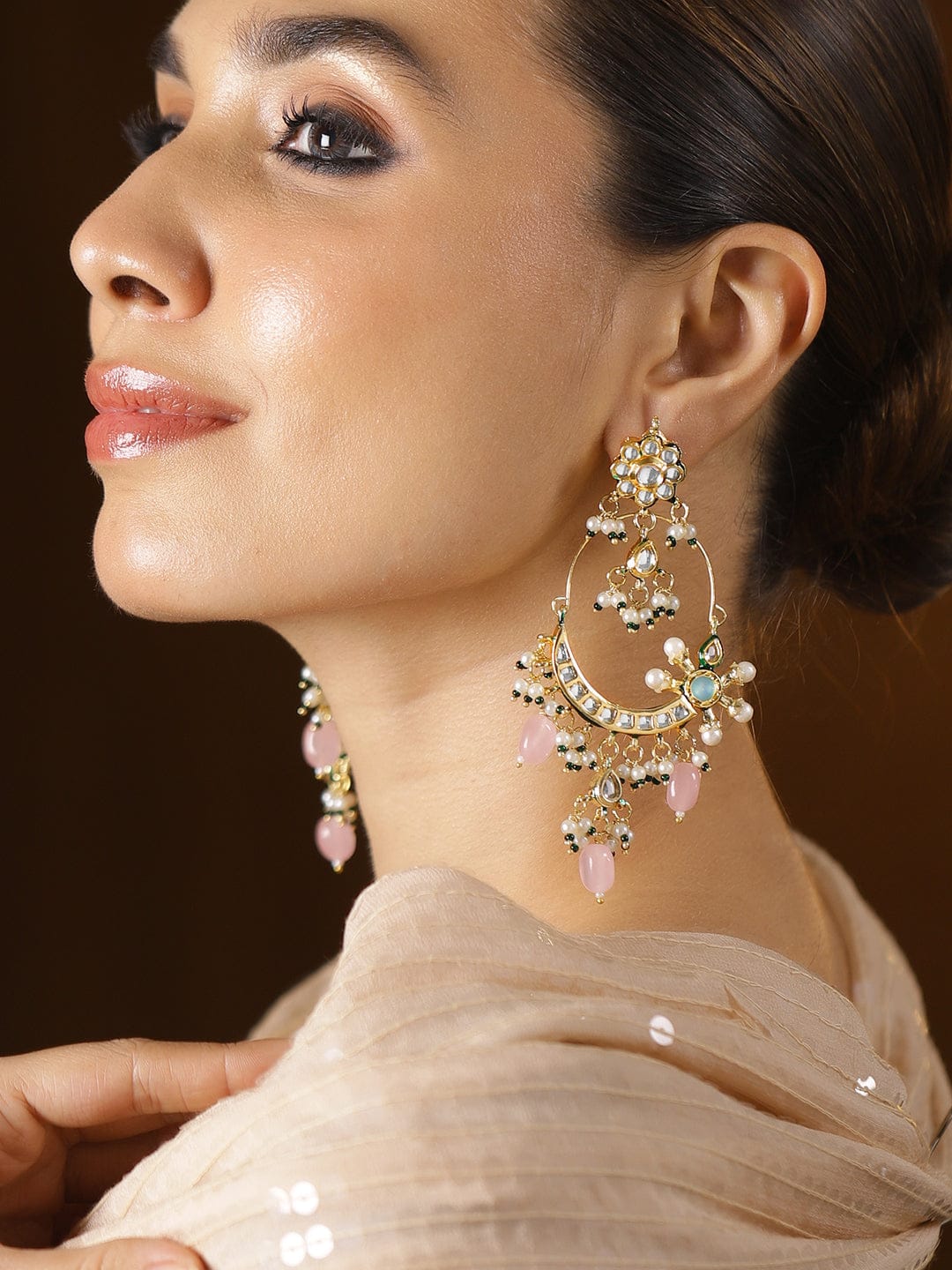 Soft Blush Pink & Kundan Chandbali Earrings