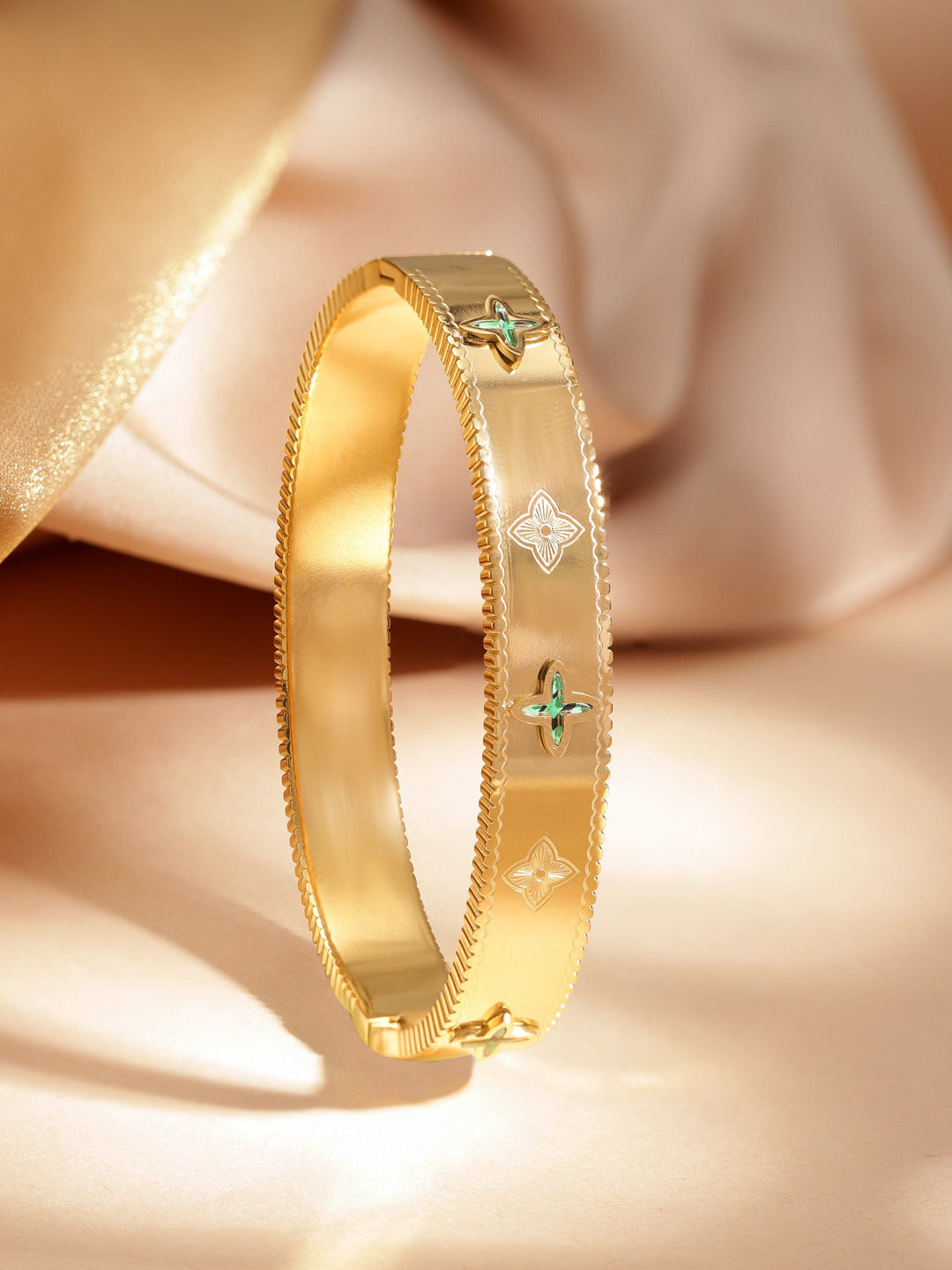 Stainless Steel, 18 KT Gold-Plated Emerald Studded Clover Bangle styled Bracelet – Waterproof and Tarnish-Free Bangles & Bracelets