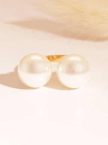 Stainless Steel  18 KT Gold Plated  Waterproof  tarnish-free  Dual Moon Drops Pearl Open Ring Rings