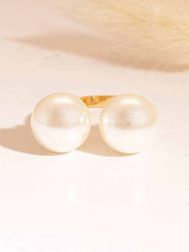 Stainless Steel  18 KT Gold Plated  Waterproof  tarnish-free  Dual Moon Drops Pearl Open Ring Rings