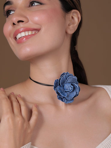 Stylish Denim Blue Flower Statement Choker Necklace Necklace