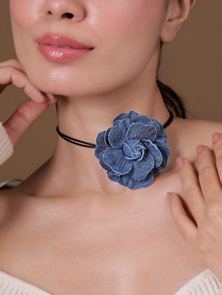 Stylish Denim Blue Flower Statement Choker Necklace Necklace