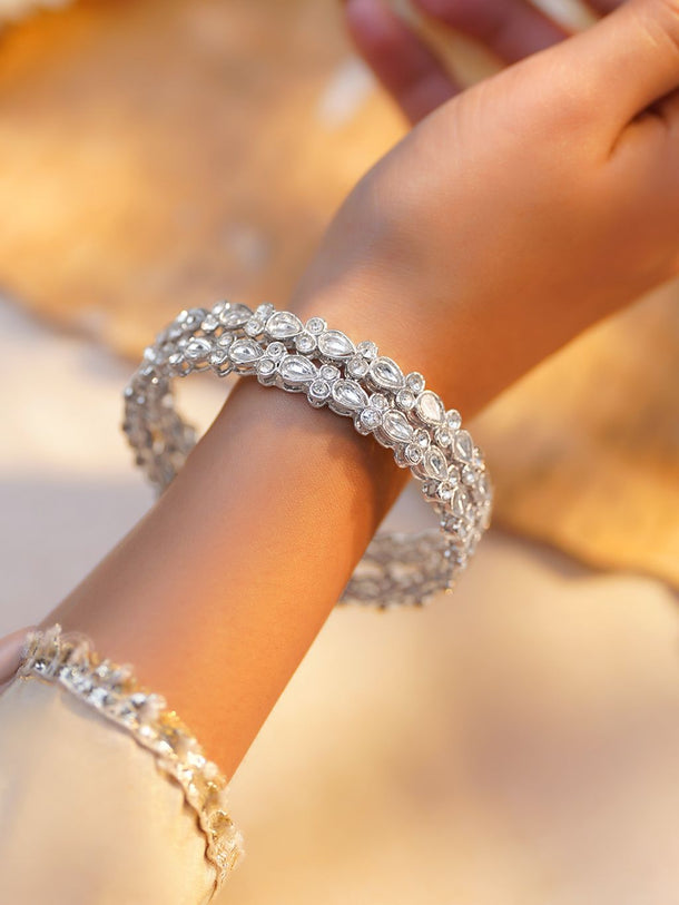 Rubans Set of 2 Rhodium Plated Floral Kundan Bangles
