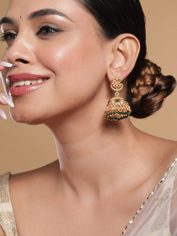 Temple Glow Lord Ganesha Motif Green Jhumka Earrings