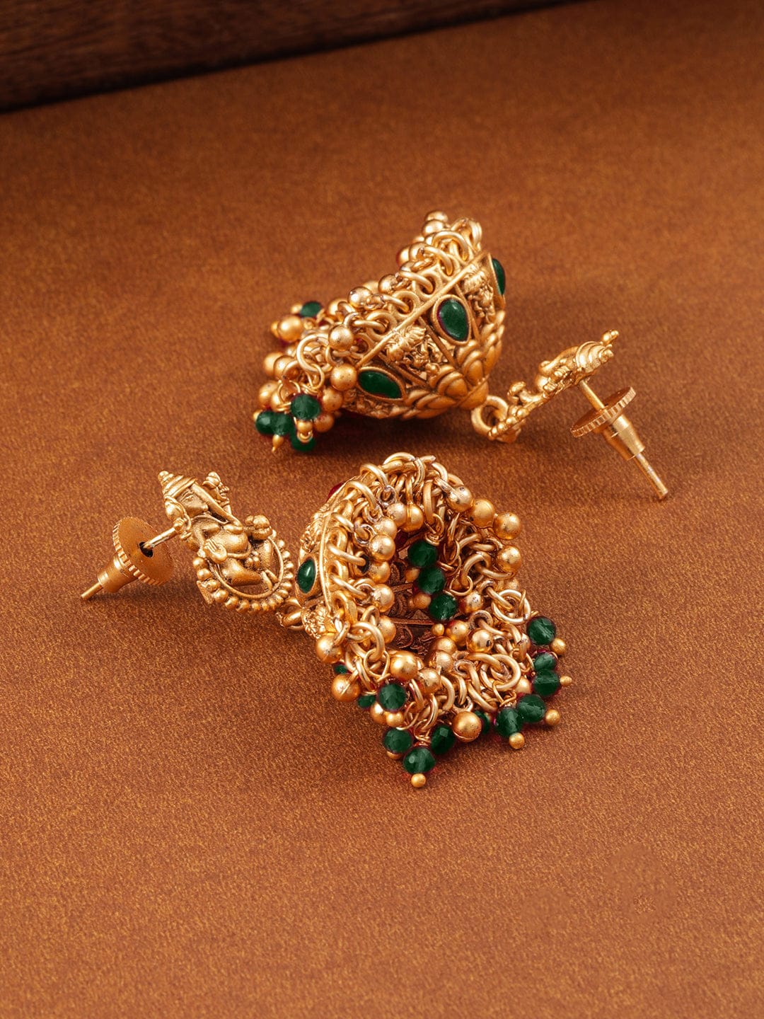 Temple Glow Lord Ganesha Motif Green Jhumka Earrings