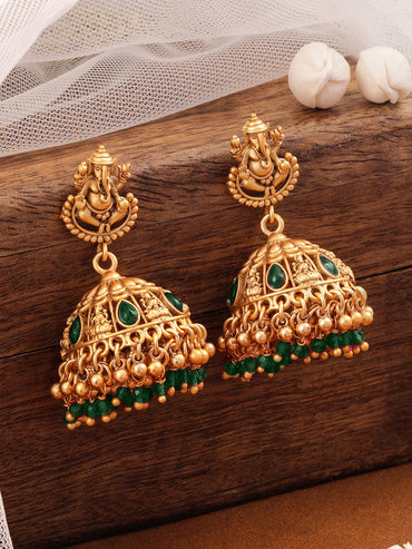 Temple Glow Lord Ganesha Motif Green Jhumka Earrings