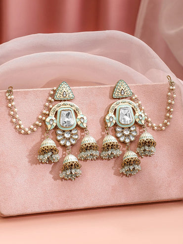 Timeless White Jhumka with Kaan Chain Earrings
