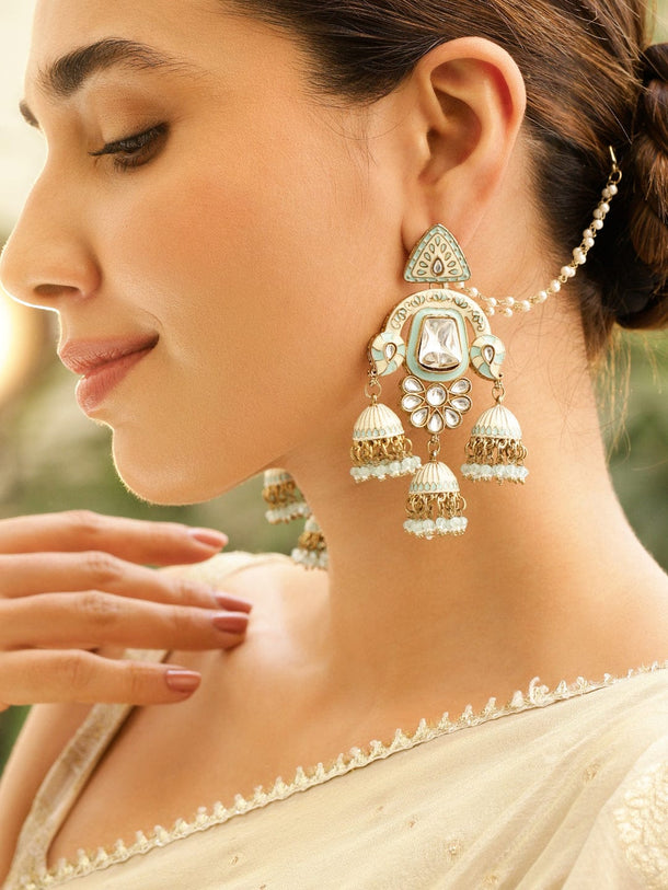 Timeless White Jhumka with Kaan Chain Earrings