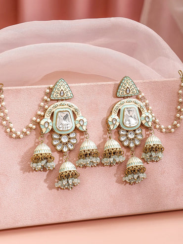 Timeless White Jhumka with Kaan Chain Earrings