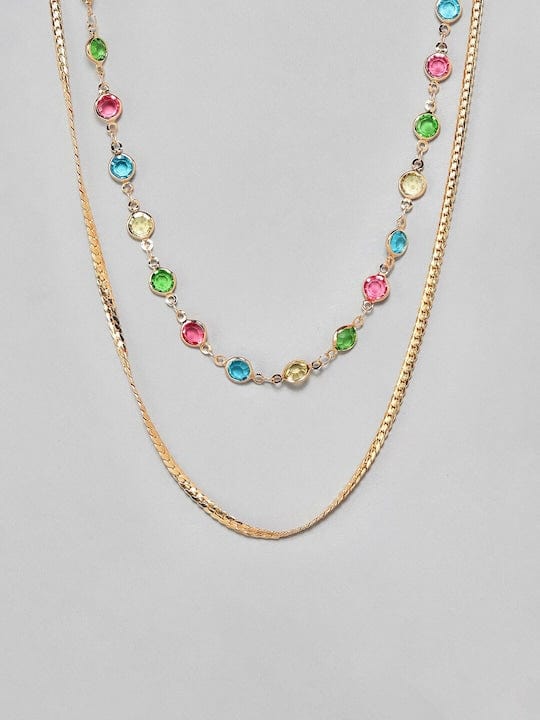 TOKYO TALKIES 18K Gold Plated Multicolour Crystal & Snake Chain Double Layer Necklace Necklaces, Chains & necklace