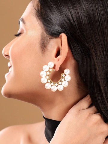 Rubans 18K Gold Plated Pearl Studded Statement Hoop Earrings Earrings