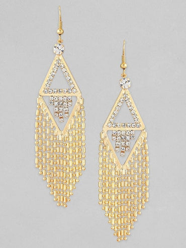 Rubans 18K Gold Plated Zirconia Studded Chain Beaded Fringe Dangler Earrings Earrings