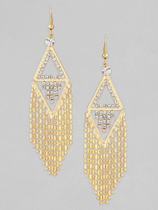 TOKYO TALKIES 18K Gold Plated Zirconia Studded Chain Beaded Fringe Dangler Earrings Earrings