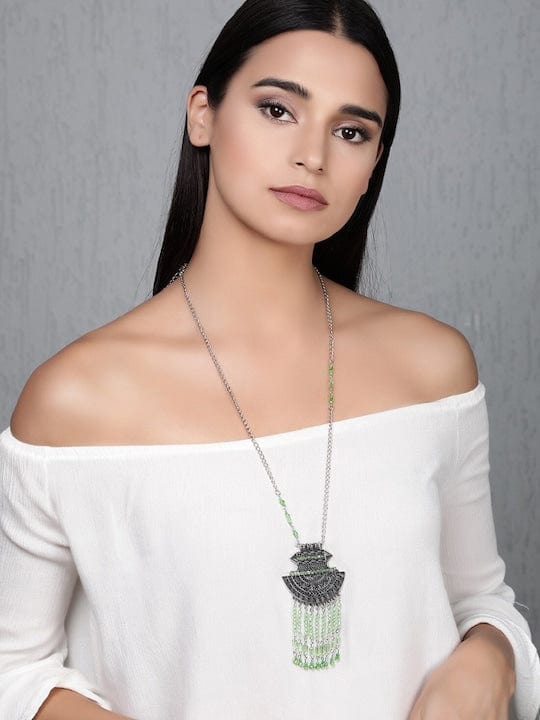 Rubans Oxidized Silver Green Crystal Tassel Necklace Necklaces, Chains & necklace