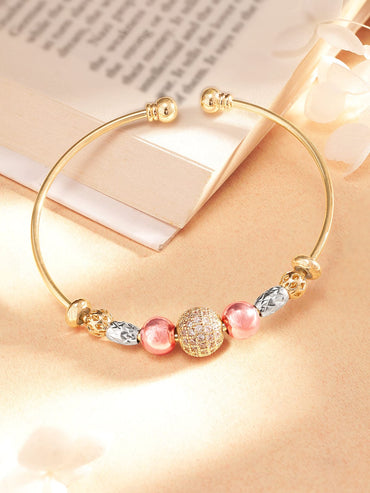 Rubans FASHION ACCESSORIES 18K Gold Plated Zirconia Beaded Charm Adjustable Minimal Bracelet Bangles & Bracelets
