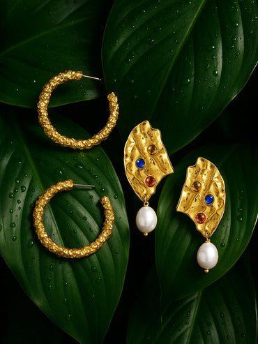 Rubans Gold Plated Handcrafted Half Hoop & Drop Set of 2 Earrings Earrings