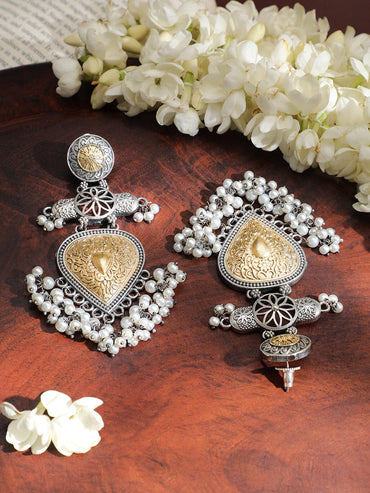 Tribal Glam Dual Tone Pearls Danglers Earrings