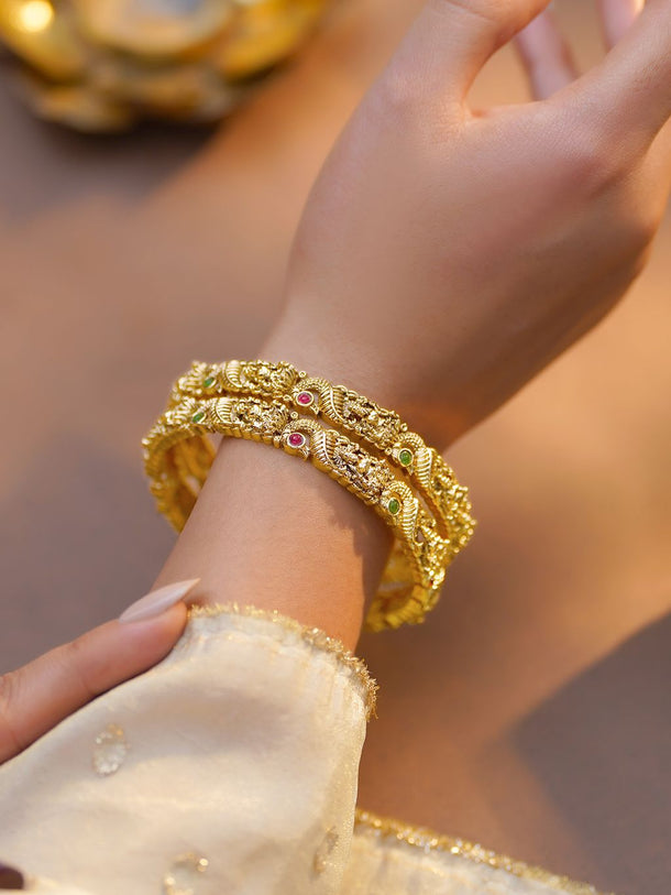 Rubans Set of 2 Gold Plated Pink & Green Studded Temple Bangles