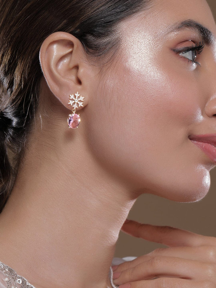 Voguish 22K Gold-Plated AD & Cubic Zirconia Snowflake Stud Earrings with Pink Oval Drop Stones Drops