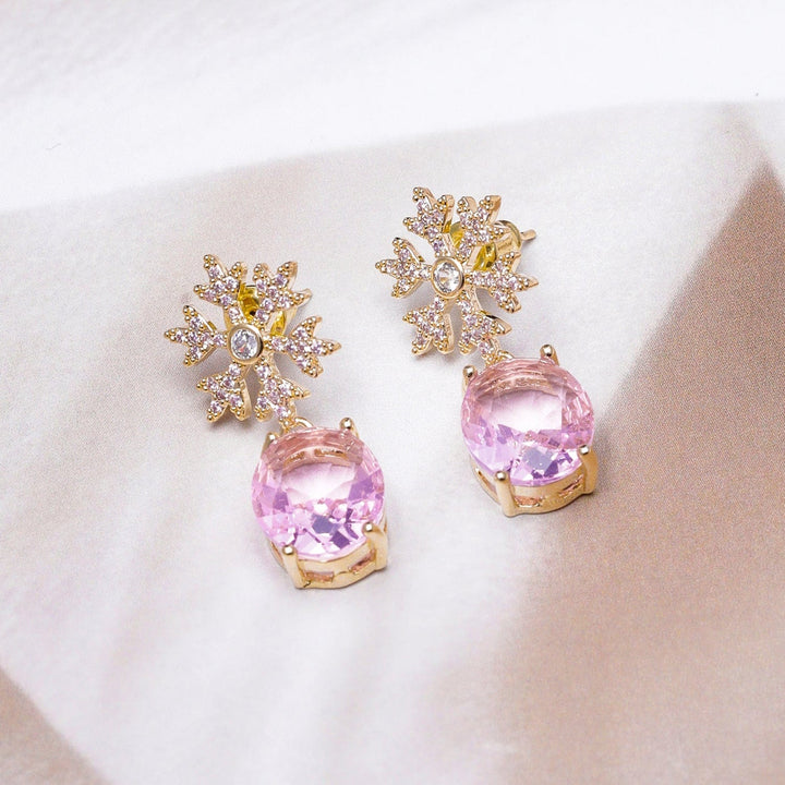 Voguish 22K Gold-Plated AD & Cubic Zirconia Snowflake Stud Earrings with Pink Oval Drop Stones Drops