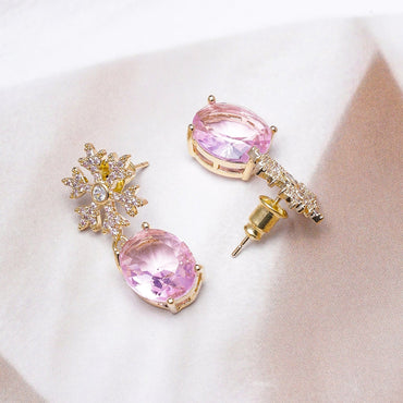 Voguish 22K Gold-Plated AD & Cubic Zirconia Snowflake Stud Earrings with Pink Oval Drop Stones Drops