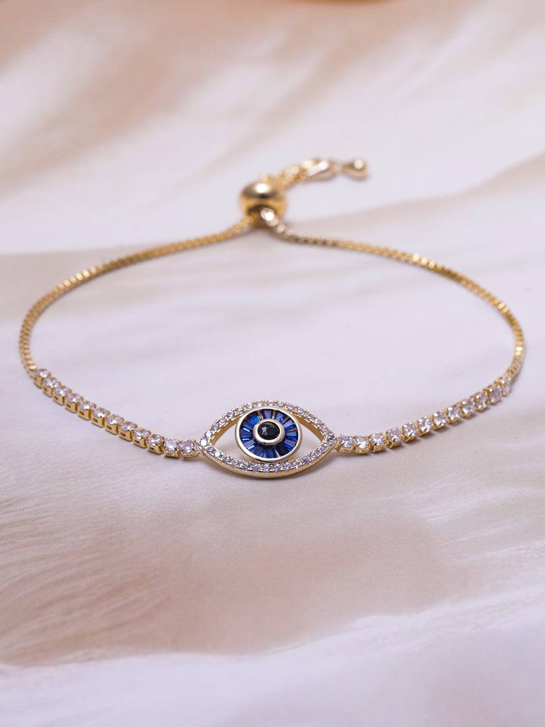 Voguish 22K Gold Plated AD & Cubic Zirconia Studded Evil Eye Charm Bracelet Bangles & Bracelets