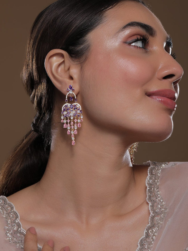 Voguish 22K Gold-Plated Purple, Light Pink & White AD & Cubic Zirconia Studded Chandelier Earrings Chandelier Earrings