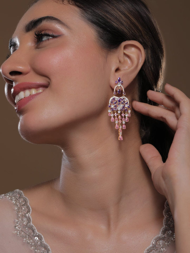 Voguish 22K Gold-Plated Purple, Light Pink & White AD & Cubic Zirconia Studded Chandelier Earrings Chandelier Earrings